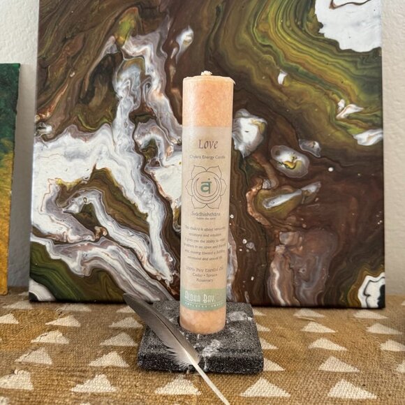 Heart Chakra Candle & Lava Stone Holder | 8 Inch Love Pillar w/ Essential Oils - Picture 2 of 10